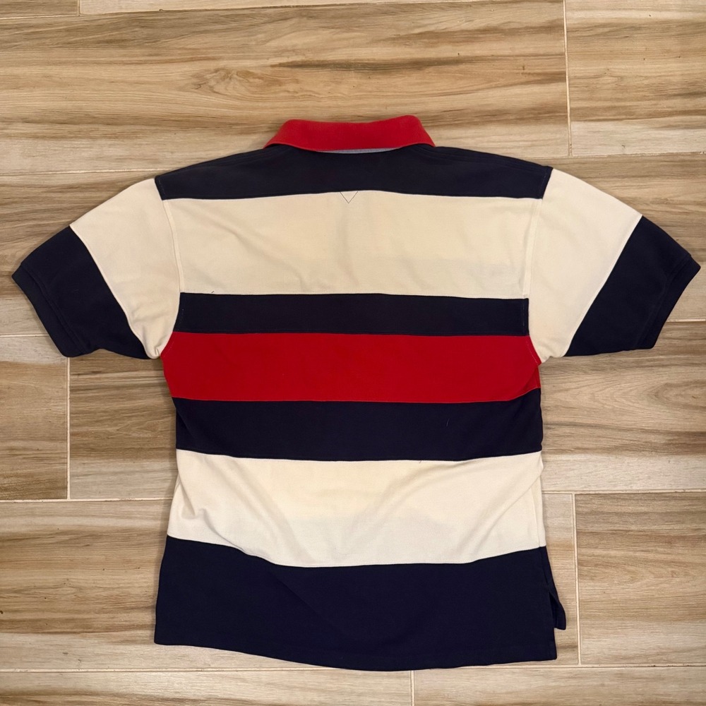 Vintage Tommy Hilfiger Mens Striped Polo Shirt Large Navy Red White Dress Cotton - Picture 3 of 6